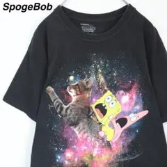 【宇宙猫コラボ】スポンジボブ Tシャツ ニコロデオン アニマルプリント 黒 M