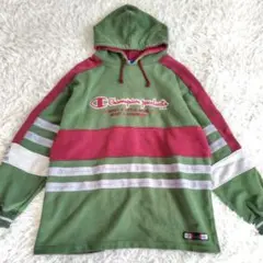 *【チャンピオン】 ストライプ フードパーカー L トレーナー スウェット 刺繍