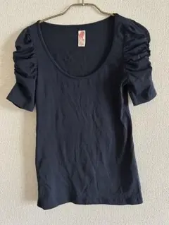 ZARA ネイビー パワショルギャザースリーブ Tシャツ Mのサムネイル