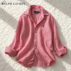 【大人気】ラルフローレン リネンシャツ ギンガムチェック ポニー刺繍 赤×白 L