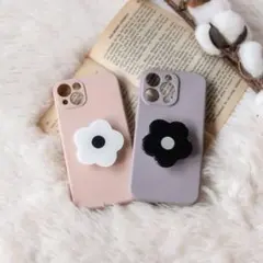 ポップソケット付きiPhoneケース　フラワー　白花　黒花　韓国人気