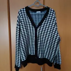 【美品】GLACIER 千鳥格子柄ニットカーディガン Lサイズ 白×黒