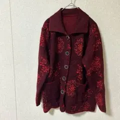 花柄　赤　カーディガン 長袖　襟　ニット　ゆったり　大きめシルエット　おしゃれ