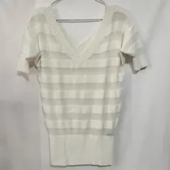 CECIL McBEE ホワイト/ベージュ ストライプ Vネック 半袖ニット M