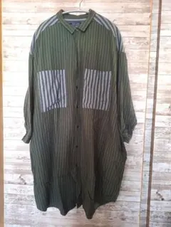 ストライプシャツワンピース チェック オーバーサイズ 長袖シャツワンピース