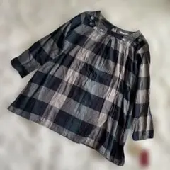 ESSEME チュニック M ネイビー グレー チェック 長袖 花柄 刺繍