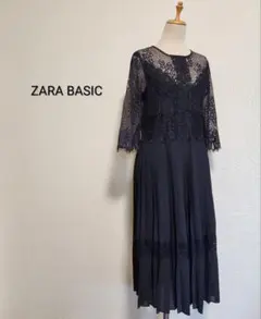 ZARA BASIC レース切り替えデザインワンピース プリーツスカート 海外S