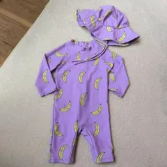 《お値下げ》バナナ柄紫色水着・帽子2点セット 90cm