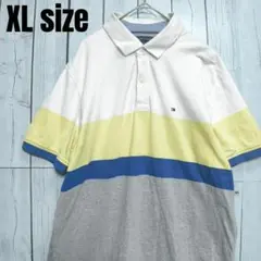 トミーヒルフィガー ポロシャツ XL ボーダー 刺繍ロゴ 半袖 スリムフィット