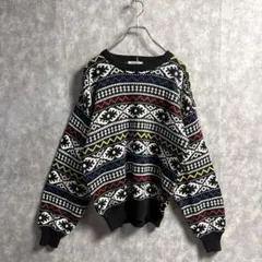 ヴィンテージ90s TJW 総柄 ノルディックニット 黒 M ゆるダボメンズ古着