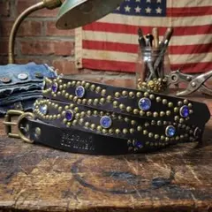 アイ青■本革レザーフルスタッズナローベルト☆アメカジ古着ヴィンテージhtc