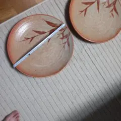 竹模様のオレンジ色陶器皿 2枚セット