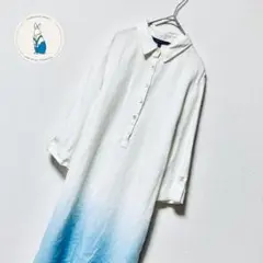 ローラアシュレイ　ワンピース　リネン　青　裾グラデーション 7号　麻100%