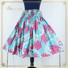 【フラダンス衣装】スカイブルー パウスカート 水色 ピンク 白 ホワイト 葉っぱ