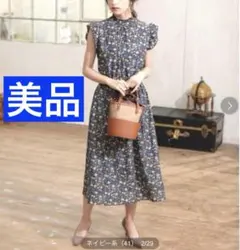 美品VIS ビス 衿シャーリング花柄ワンピース レトロ フラワー フリル　ブルー