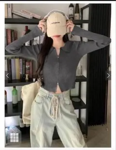 grlダブルジップ襟付ニットトップス　グレー［dr589］