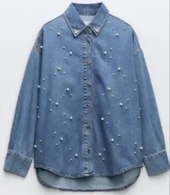 ✨美品✨ZARA フェイクパールデニムシャツ オーバーサイズ 長袖