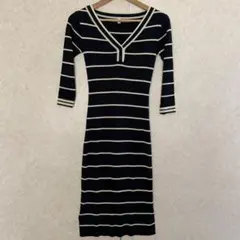 ロイヤルパーティーニット Iライン 膝丈 スリット リブ ボーダー 七分袖 F