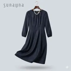 sunauna ワンピース ネイビー 七分袖 38 ポリエステル 上品