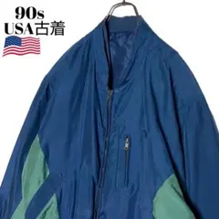 90sヴィンテージUSA古着 シルク100％ブルゾン 青✕緑 XL ジャケット