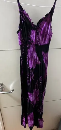 【美品✨️】ロング キャミワンピース ブラック×パープル 花柄 フリー