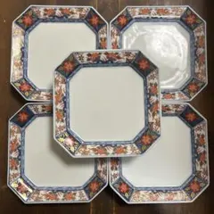 有田焼　宗右衛門窯　金彩染付赤絵　八角皿　5枚