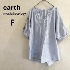 earth music&ecology ブラウス　ストライプ　ブルー　刺繍　F