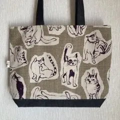 ハンドメイド　トートバッグ　肩掛けバッグ　猫柄　茶色　切替