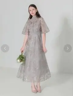 Leja スパンコール花柄刺繍プチハイネックウエストマークAラインワンピース