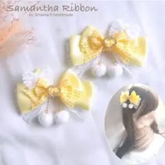 ❤︎チェックリボンとポンポンさくらんぼ❤︎黄色　推し　量産型　ヘアクリップ　ヘアピン