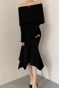 ☆韓国☆オフショルダー マーメイドライン ニットワンピース ミモレ丈 タイト