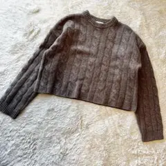 Mila Owen ケーブルニット セーター　ピュアウール　ショート丈 ブラウン