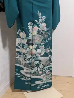 美品★四季草花の訪問着 濃緑　身丈163裄丈67.5