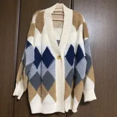 アーガイル柄 カーディガン ボタン付き ニット 羽織り ゆったり レディース