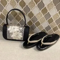 黒いラメ生地に花柄刺繍の和装用バッグと草履セット　成人式　卒業式　結婚式