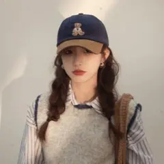 【新品✨】ネイビー×ブラウン コーデュロイキャップ くま刺繍 ユニセックス