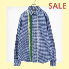 長袖シャツ　チェック　リメイク　レース　フリル