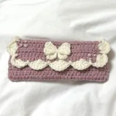 ハンドメイド　編み物　ペンケース　マルチケース　ピンク　リボン　かぎ針編み
