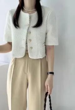 NUGU ツイード半袖ジャケット　ホワイト