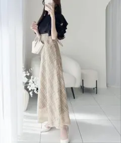 【mily biret】ダブルフリル袖チェックレースドッキングワンピース