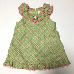 メゾピアノ　95cm いちご　チェック柄　ワンピース　グリーン