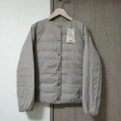 軽量ダウン ポケッタブル ノーカラージャケット XL ライトベージュ レディース