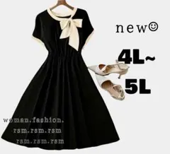 G22 大きいサイズ ワンピース フレアー 上品 お呼ばれ リボン 黒4L 5L