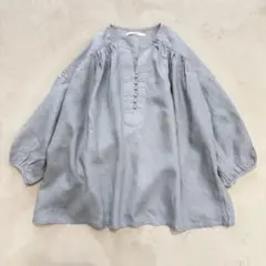 NIMES リネン100% ギャザーブラウス 麻 カラー グレー　スキッパーのサムネイル