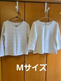 美品 長袖 ロンT シャツ ブラウス M チェック レース 春服 ホワイト