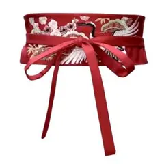 鶴赤★和風サッシュベルト　着物ベルト　ワンピースベルト　刺繍ベルト　和装ベルト