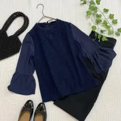 【訳あり特価✨売れ切れ必至】エルディープライム 袖フリルレースブラウス ネイビーのサムネイル