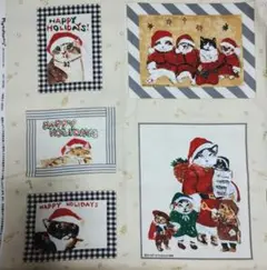 マンハッタナーズねこクリスマスパネル生地白系はぎれ布