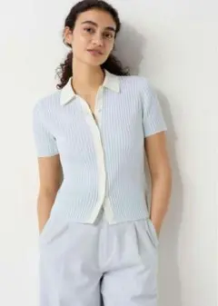 ユニクロ　イネス　半袖リブボーダーポロカーディガン Mサイズ