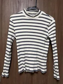 UNIQLO ハイネックストライプ リブニット 長袖 Tシャツ 白 紺色